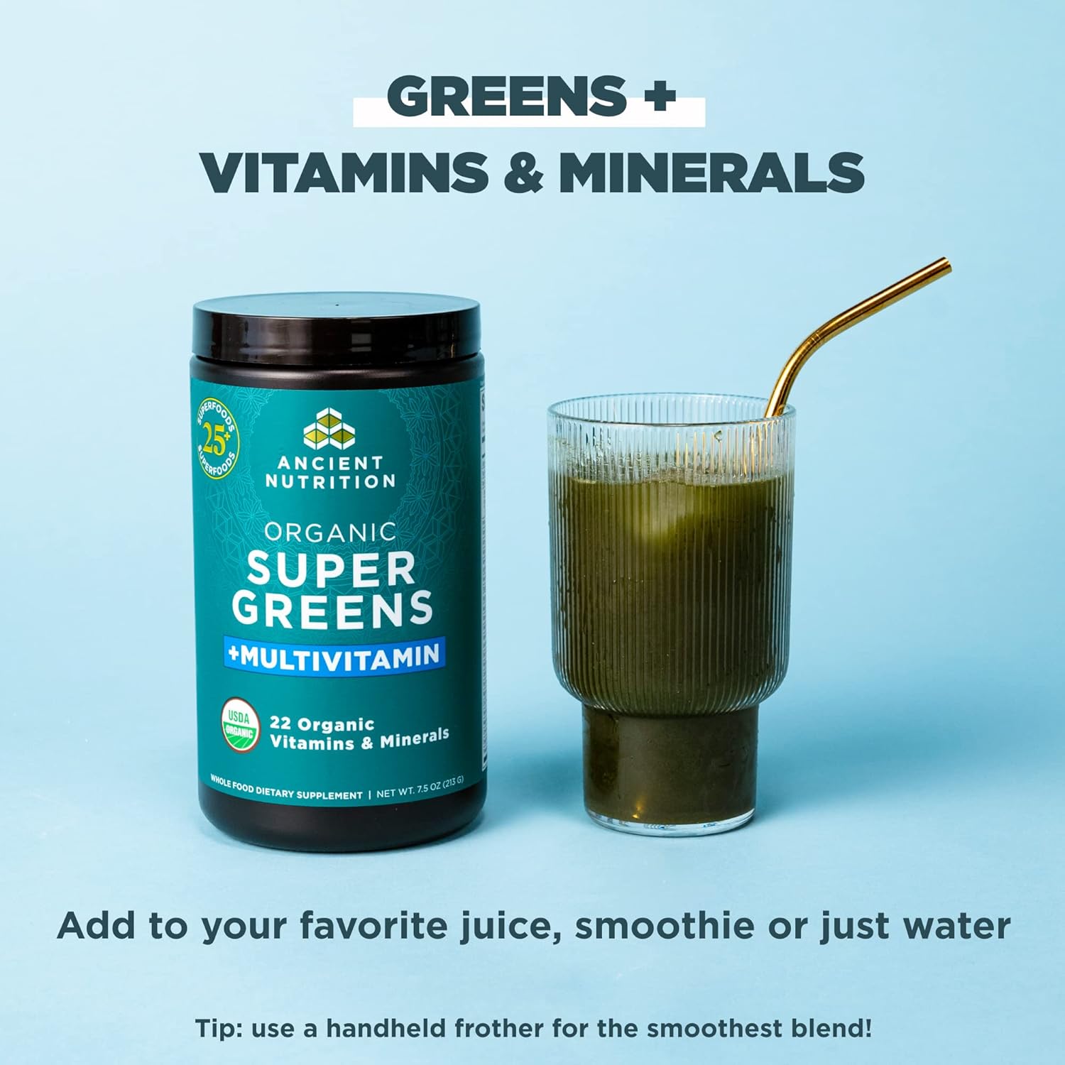 Ancient Nutrition Organic SuperGreens and Multivitamin Powder with Probiotics, Made from Real Fruits, Vegetables and Herbs, for Digestive, Detoxification and Energy Support, 25 Servings : Health & Household