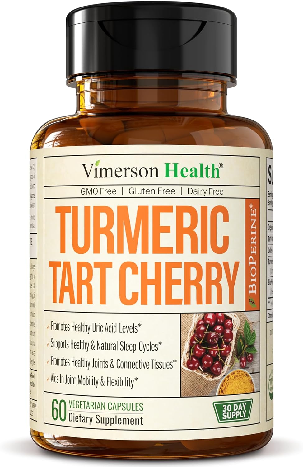 Turmeric Curcumin & Tart Cherry Extract Capsules with Black Pepper & Organic Tumeric. Tart Cherry Capsules Aid Uric Acid Balance, Joint Health, Muscle Recovery & Sleep. 600mg 10:1 Tart Cherry Extract