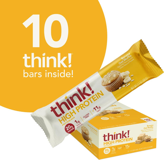 Think! Protein Bars, High Protein Snacks, Gluten Free, Kosher Friendly, Banana Oat Muffin, 10 Count