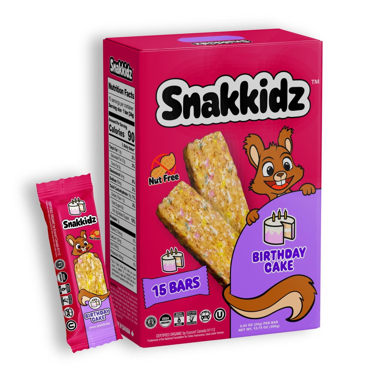 Snakkidz Organic Chewy Granola Bar, 45 Count, Birthday Cake, Nut And Allergen Free, Low Sugar, Made With Avocado Oil