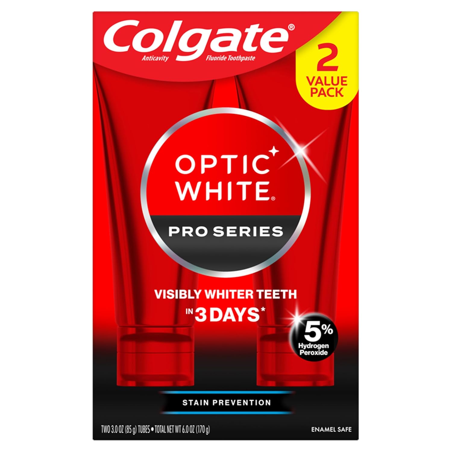 Colgate Optic White Pro Series Whitening Toothpaste With 5% Hydrogen Peroxide, Stain Prevention, 3 Oz Tube, 2 Pack