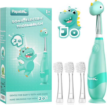 Papablic Toddler Sonic Electric Toothbrush for Ages 1-3 Years, Baby Electric Toothbrush with Cute Dino Cover and Smart LED Timer, 4 Brush Heads (Jo)