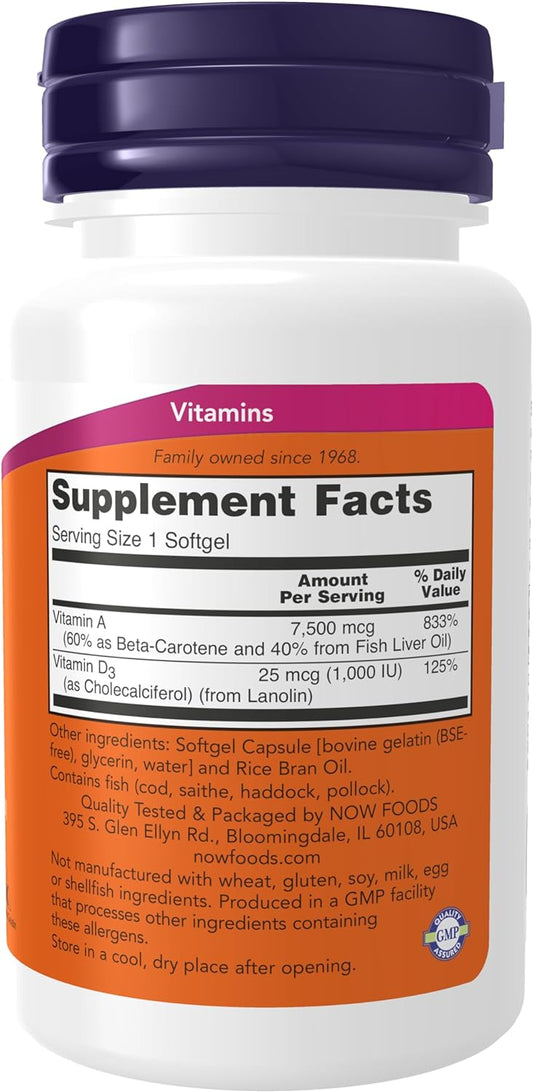 Now Foods Supplements, Vitamin A & D3 25,000/1,000 Iu, Eye Health*, Essential Nutrition, 100 Softgels