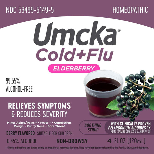 Nature's Way Umcka Cold+Flu Homeopathic, Fever**, Sore Throat, Cough, Congestion, Minor Aches/Pains** , Phenylephrine Free, Non-Drowsy, Berry Flavored, 4 Fl. Oz. Elderberry Syrup