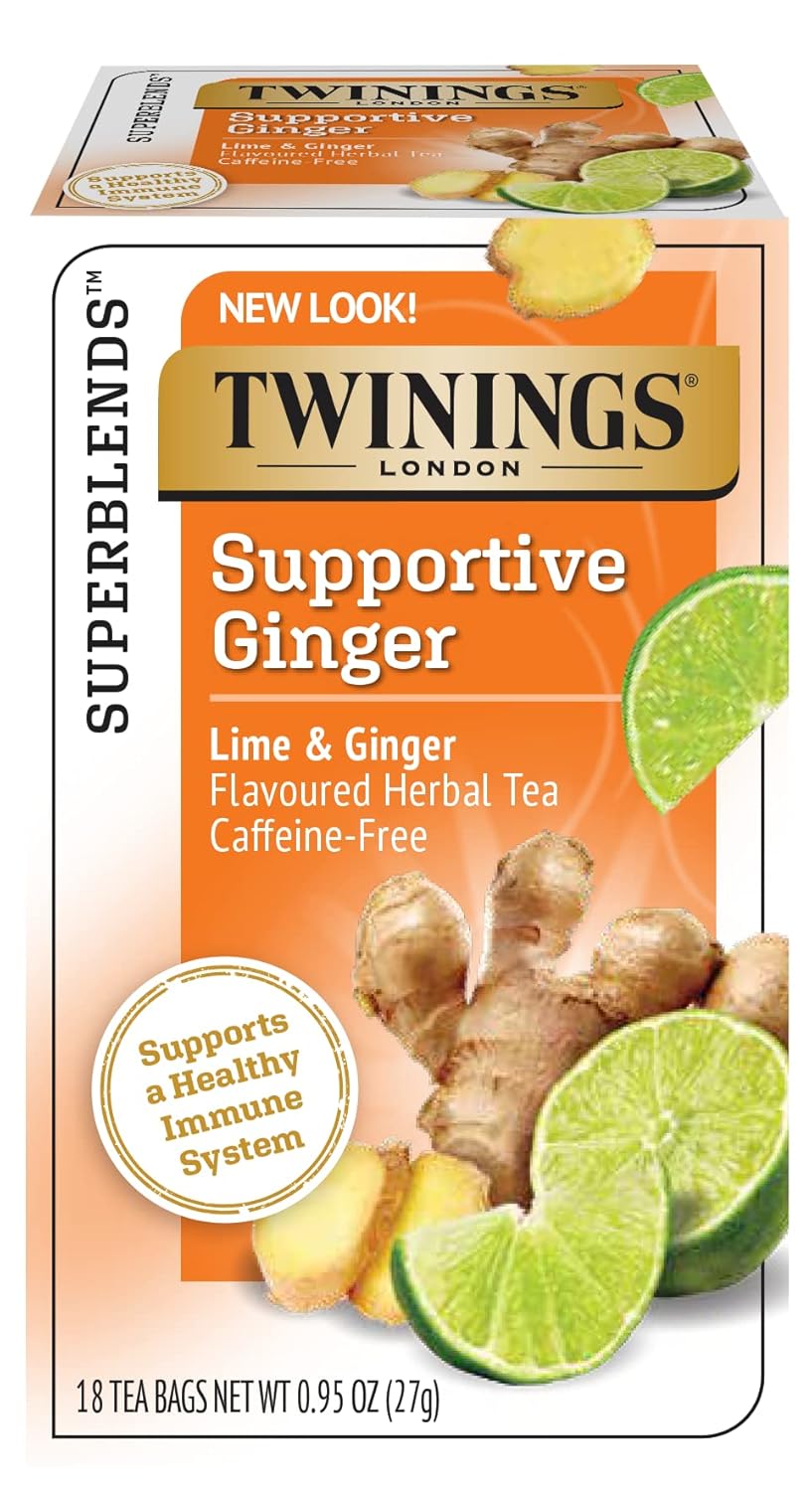 Twinings Superblends Supportive Ginger - Lime & Ginger Flavoured Herbal Wellness Tea, Caffeine-Free, 18 Tea Bags (Pack Of 6), Enjoy Hot Or Iced