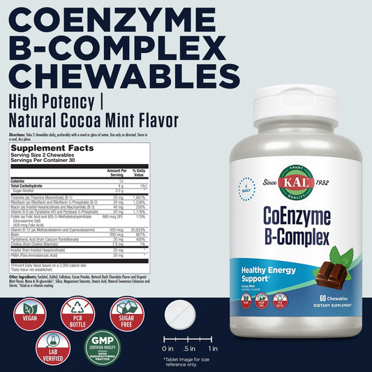 KAL CoEnzyme Vitamin B Complex, Chewable B Vitamins for Healthy Energy, Red Blood Cell and Nerve Function Support w/Vitamin B12, B6, Folic Acid, Natural Cocoa Mint, Vegan, Sugar Free, 30 Serv, 60ct