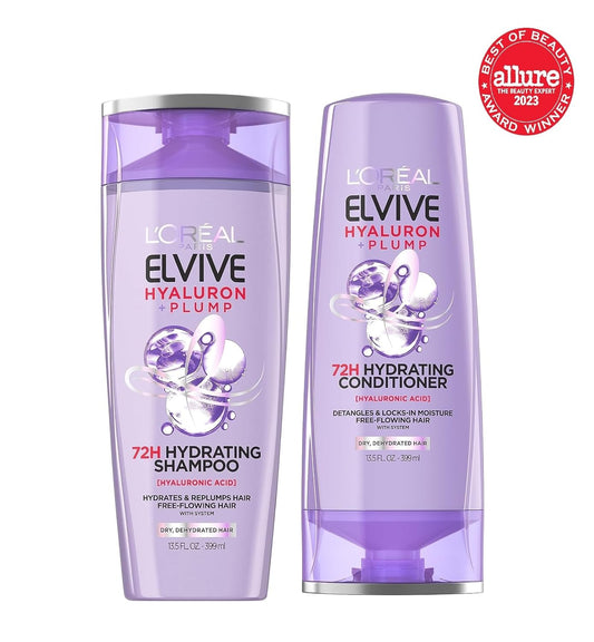 L'Oreal Paris Elvive Hyaluron Plump Hydrating Shampoo & Conditioner For Dehydrated, Dry Hair Infused With Hyaluronic Acid Care Complex, Paraben-Free, 12.6 Fl Oz