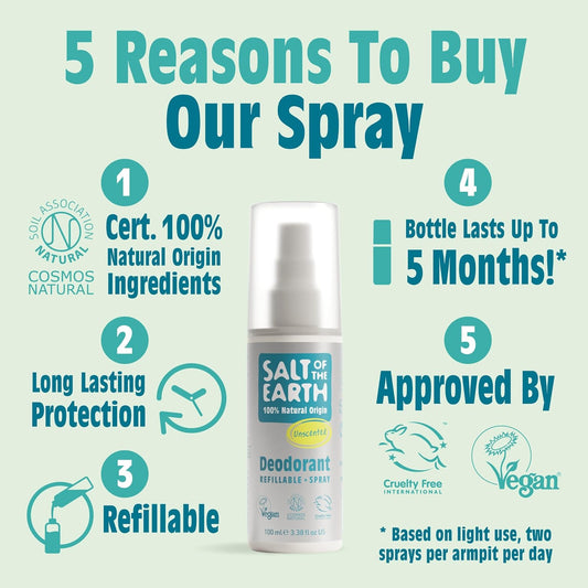 Salt Of The Earth Natural Deodorant Spray, Melon & Cucumber - Vegan, Long Lasting Protection, Leaping Bunny Approved, Made In The Uk, 100 Ml