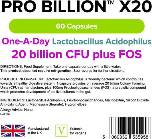Lindens - Pro Billion X20, 60 Capsules - 20 Billion Cfu Plus Fos - 1 A Day, Uk Made - High Potency Lactobacillus Acidophilus, Healthy Digestion - Letterbox Friendly, Vegan