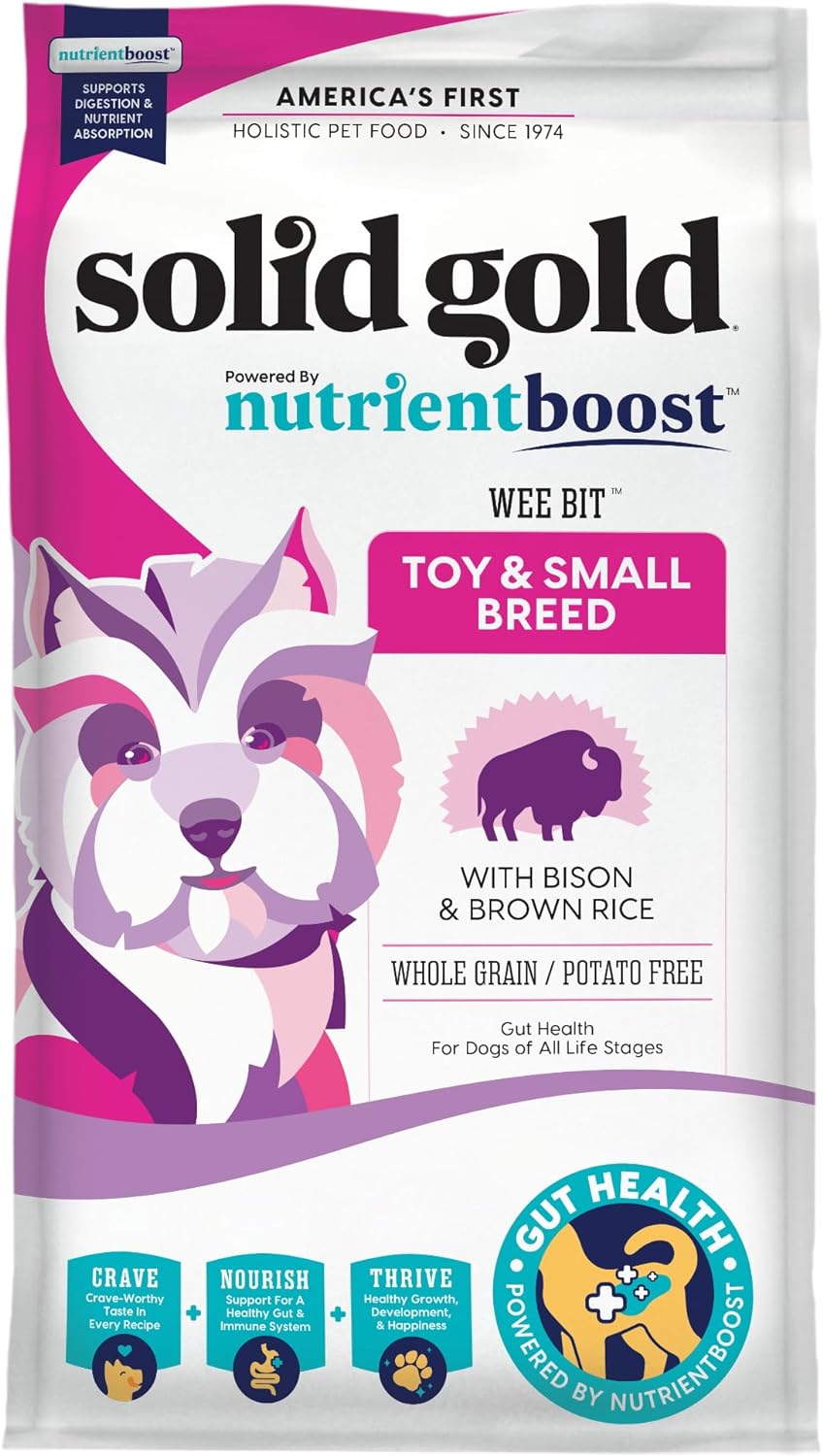 Solid Gold Small Breed Dog Food - Nutrientboost Wee Bit Whole Grain Made w/Real Bison, Brown Rice, & Pearled Barley - High Fiber, Probiotic Dry Dog Food for Dogs with Sensitive Stomachs - 11 LB