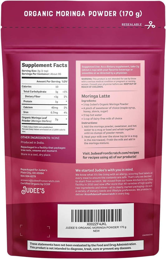 Judee'S Organic Moringa Powder 6 Oz - Non-Gmo - Gluten-Free And Keto-Friendly - Blends Well In Smoothies And Protein Shakes - Mix Into Juice, Tea, Or Lattes