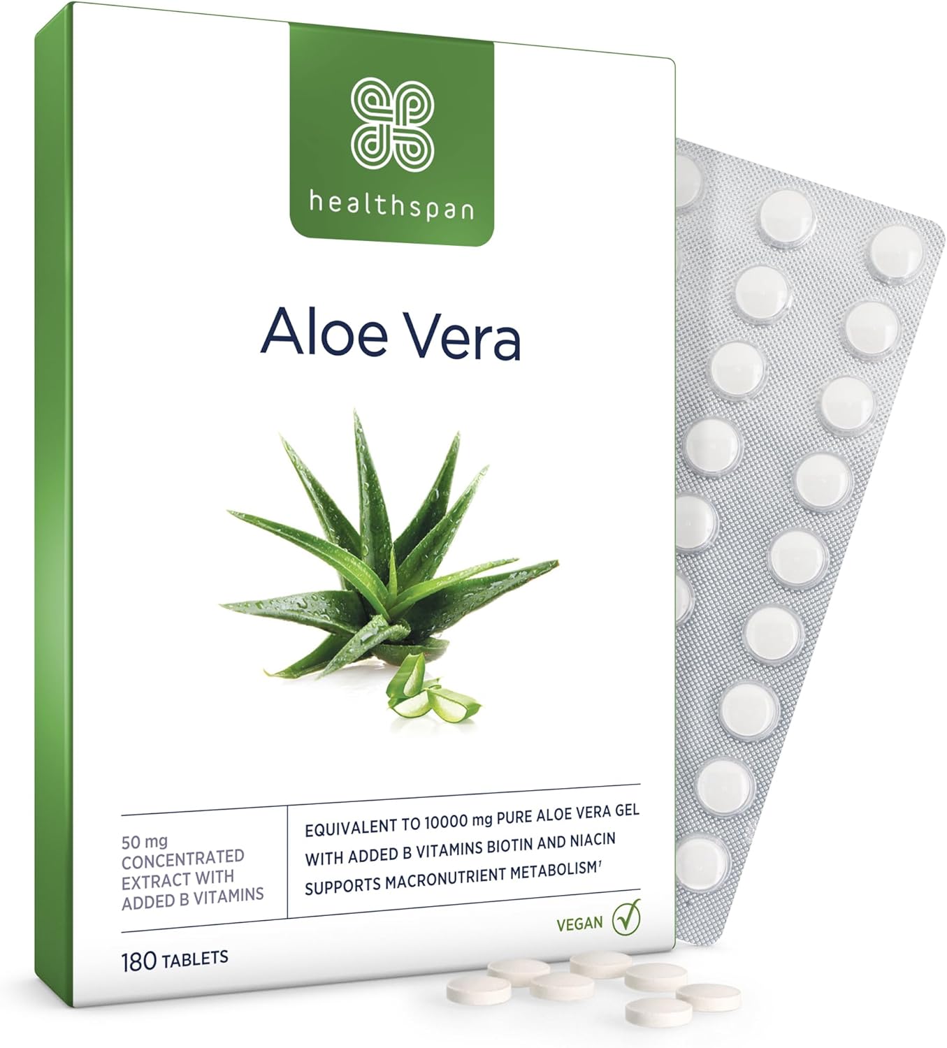 Healthspan Aloe Vera 10,000Mg (180 Tablets) | Supports Normal Metabolism | 10,000Mg Pure Aloe Vera Gel | Helps To Maintain A Normal Immune System | Added B Vitamins | Vegan