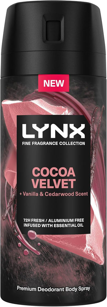 Lynx Fine Fragrance Collection Cocoa Velvet Premium Body Spray Men'S Deodorant Infused With A Cocoa, Vanilla & Cedarwood Scent For 72 Hours Of Freshness 150 Ml (Pack Of 2)