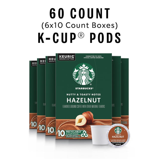 Starbucks Medium Roast K-Cup Coffee Pods, Hazelnut for Keurig Brewers, 6 boxes (60 pods total)