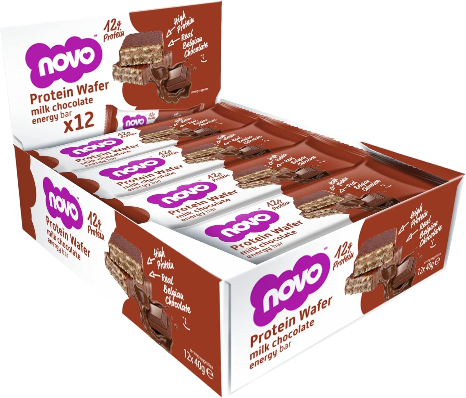 Novo Nutrition Protein Wafer Bars | High Protein Bar, 12G Protein | Protein Bar Alternative | Suitable For Vegetarians | Pack Of 12 X 40G (Milk Chocolate)
