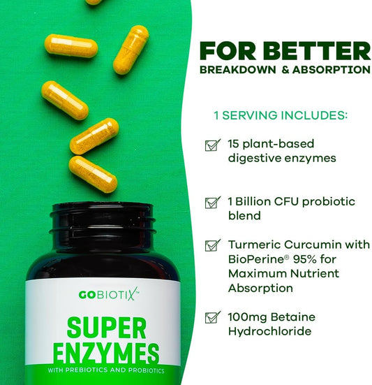 Super Enzymes Supplement - Digestive Enzymes With Prebiotics And Probiotics For Women And Men - Supports Gut Health, Gluten Digestion, Lactose Absorption, Plant Based Dietary Pills - 60 Capsules