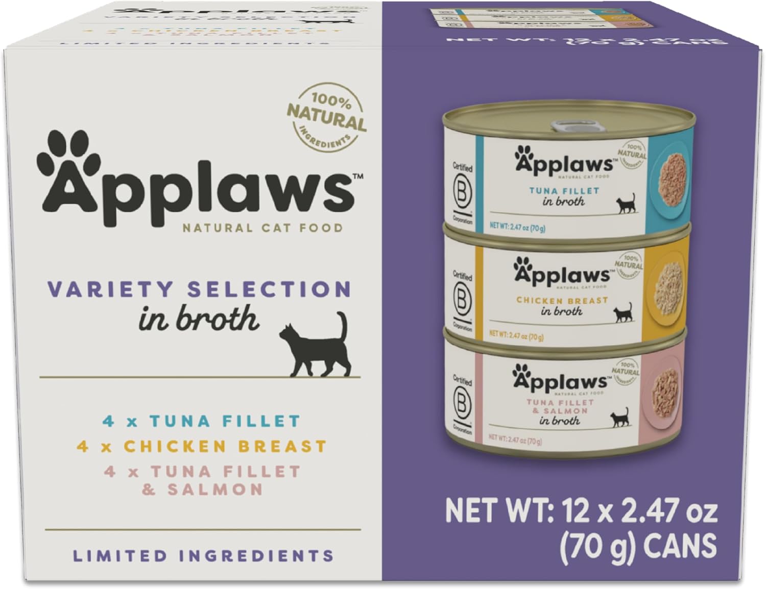 Applaws Natural Wet Canned Cat Food, Made With Limited And Natural Ingredients, Real Protein With No Artificial Additives, Variety Broth Recipe (24 Count, 2.47 Oz Cans)