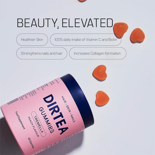 Dirtea Tremella Mushroom Gummies With Biotin & Vitamin C - Hair, Nail & Skin Supplement - Vegan, Natural, Sugar-Free - 1 Month'S Supply - 3,000Mg Tremella Per Serving - 60 Gummies - Peach Flavour