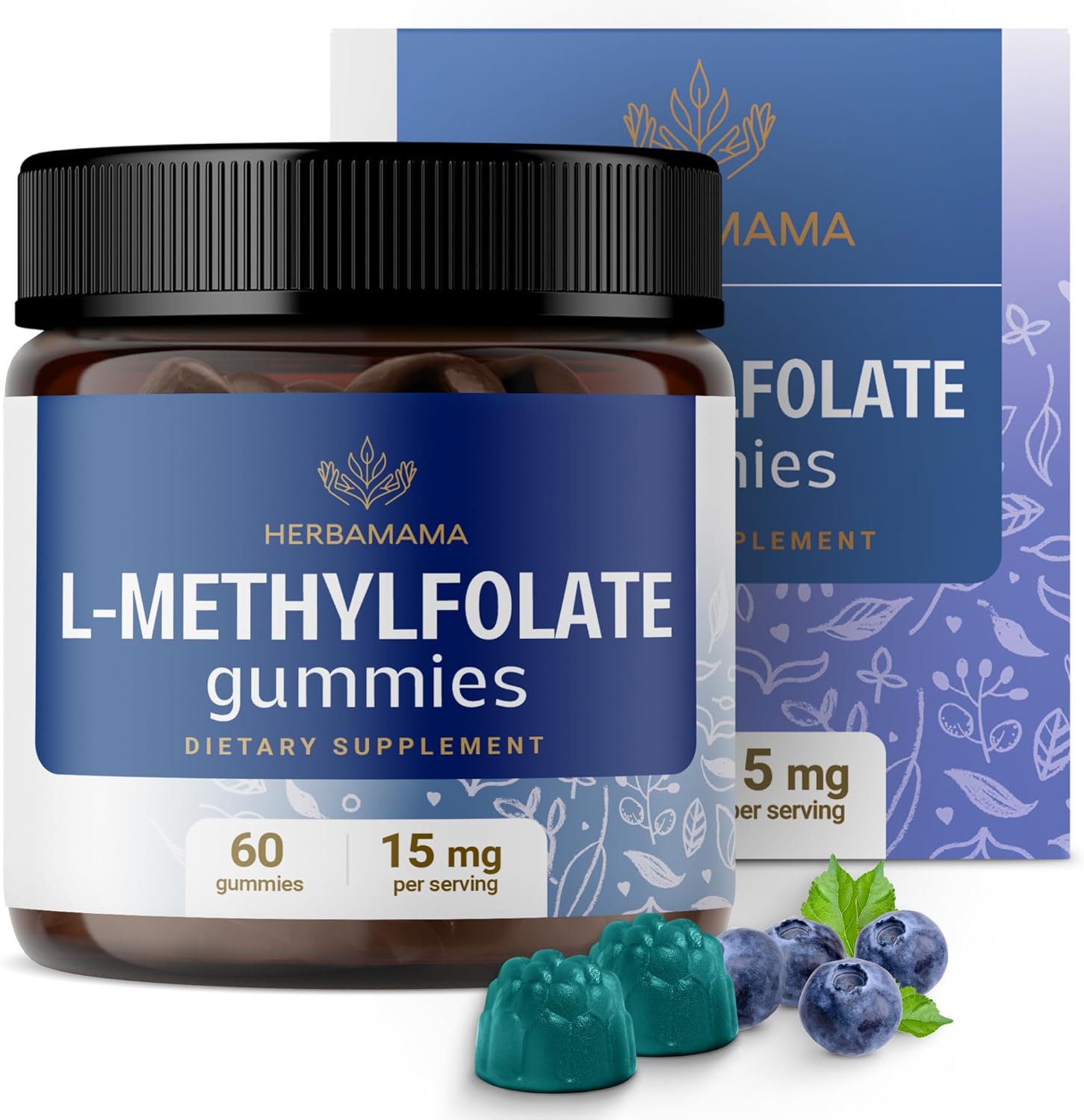 Herbamama L-Methylfolate 15 Mg Gummies - 5-Mthf Brain Health Supplements For Adults - Vegan, Gelatin-Free, Non-Gmo - 60 Blueberry-Flavored Methylated Folate Chews