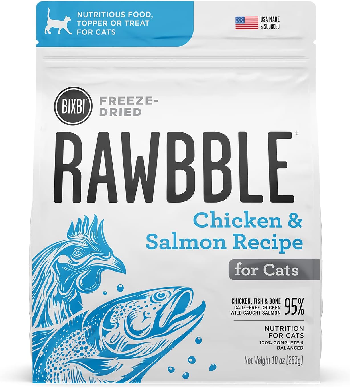 Bixbi Rawbble Freeze Dried Cat Food, Chicken & Salmon Recipe, 10 Oz - 95% Meat And Organs, No Fillers - Pantry-Friendly Raw Cat Food For Meal, Treat Or Food Topper - Usa Made In Small Batches