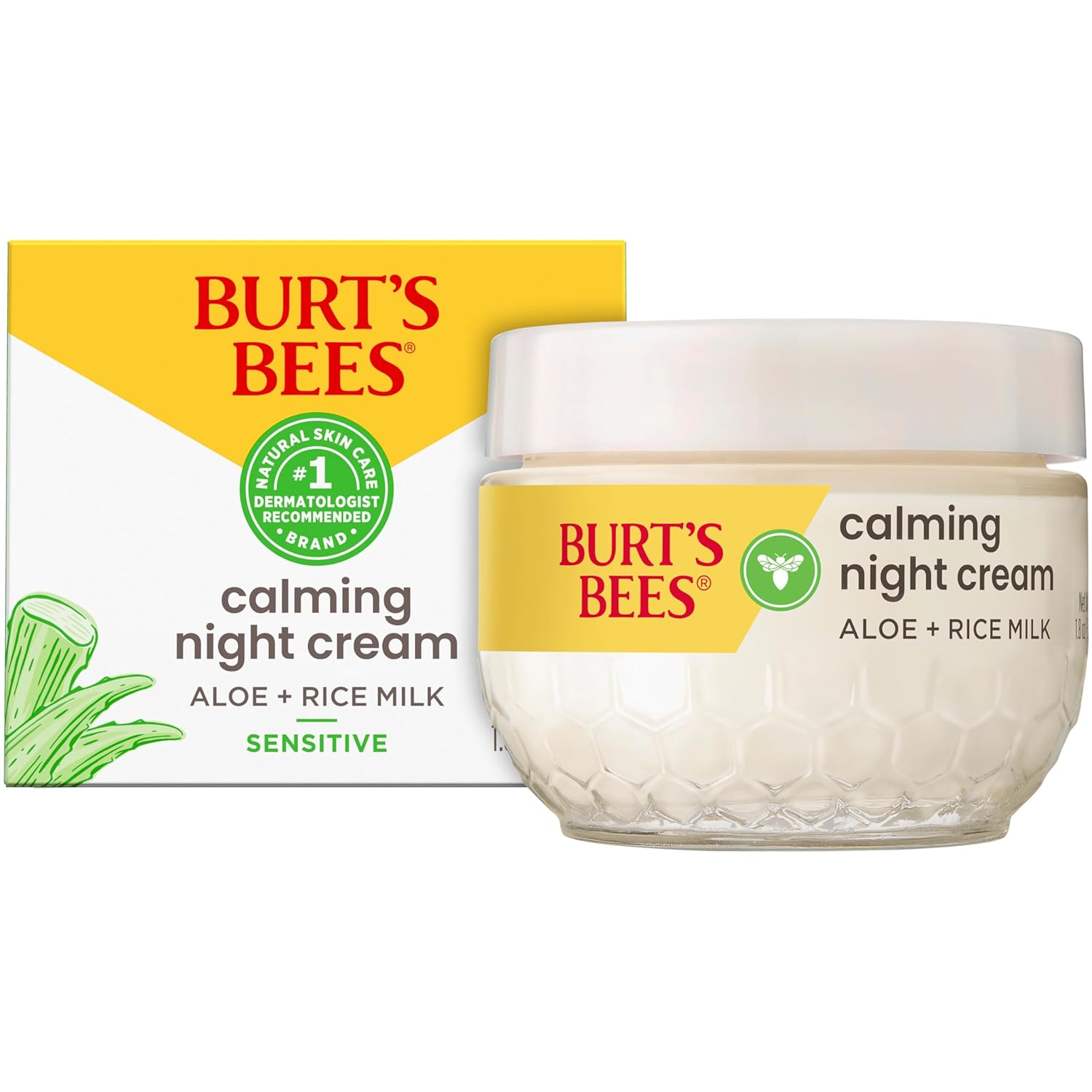 Burt'S Bees Calming Night Cream With Aloe And Rice Milk, Face Moisturizer For Sensitive Skin Infuses Skin With Moisture While You Sleep, 98.8 Percent Natural Origin Skin Care, 1.8 Oz. Tub