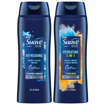 Suave Men Body Wash Variety 2-Pack – Refreshing Body & Face Wash, Cedarwood & Mandarin + Hydrating 3-In-1 Hair, Body & Face Wash, Citrus & Musk, 18 Oz Ea