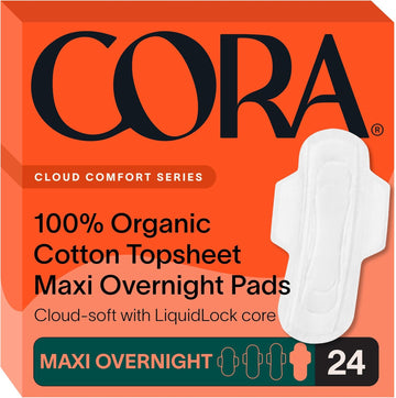 Cora 100% Organic Cotton Topsheet Maxi Pads | Ultra Thin Period Pads With Wings | Maxi Overnight Absorbency | Unscented, Comfortable, Powerfully Absorbent, Leak Protection (24 Count)