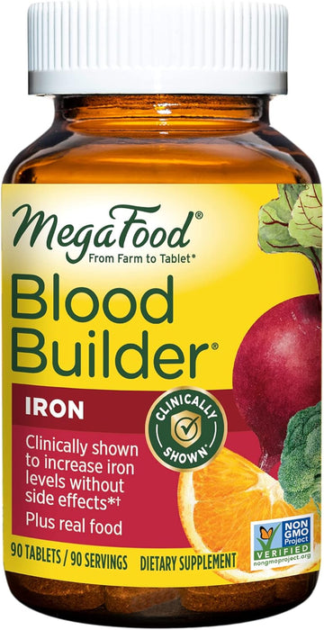 MegaFood Blood Builder - Iron Supplement Clinically Shown to Increase Iron Levels without Side Effects - Energy Support with Iron, Vitamins C and B12, and Folic Acid - Vegan - 90 Tabs