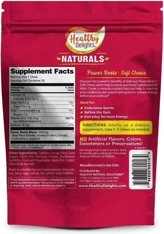 Healthy Delights Naturals Power Beets Soft Chews, Delicious Strawberry Burst, Concentrated Superfood Supplement, Supports Circulation, Natural Energy & Stamina, 30 Count