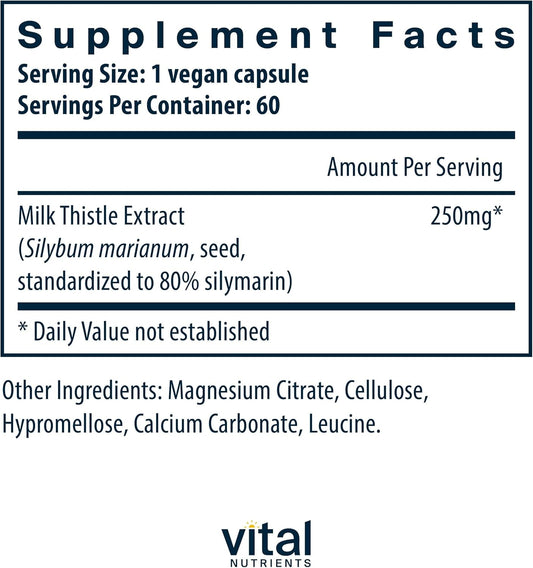 Vital Nutrients Milk Thistle Extract 250Mg | Vegan Milk Thistle Supplement For Liver Function & Detox | Antioxidant Support For Glutathione Production | Gluten, Dairy, Soy Free | Non-Gmo | 60 Capsules