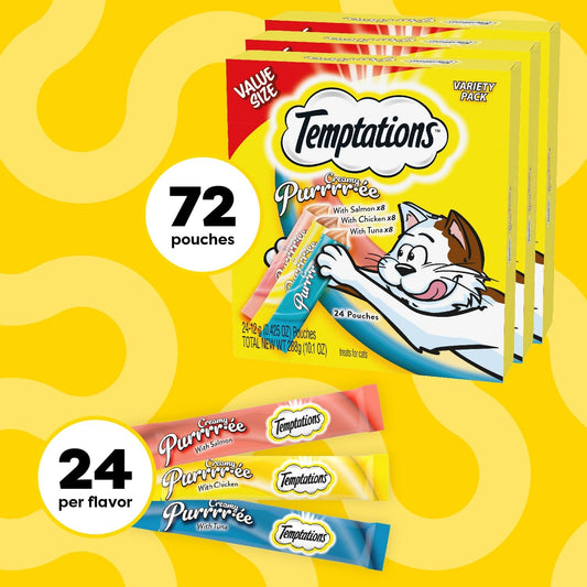 Temptations Creamy Puree With Chicken, Salmon, And Tuna Squeezable Lickable Wet Cat Treat Variety Pack, 0.42 Oz. Tubes, 3 Packs Of 24 (72 Total)