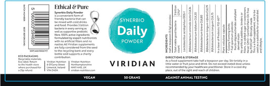 Viridian - Synerbio Daily Powder - 50G | 3 Billion Friendly Bacteria With Fs2-60, Full Spectrum Prebiotic & Plant-Derived Inulin | Gentle Formulation | Nutritionist Formulated