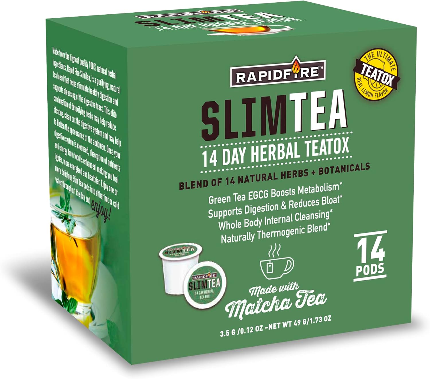 Rapidfire Slim Tea 14-Day Teatox Blend Natural Herbs And Botanicals For Weight Loss Pods, Supports Metabolism And Digestion, Reduces Bloat, 14 Count