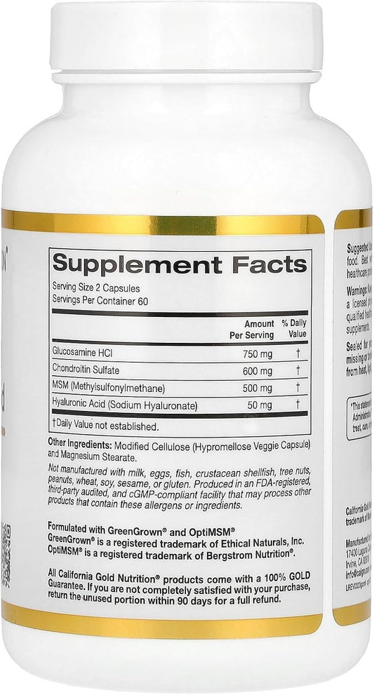 California Gold Nutrition Glucosamine, Chondroitin, Msm Plus Hyaluronic Acid, 120 Veggie Caps