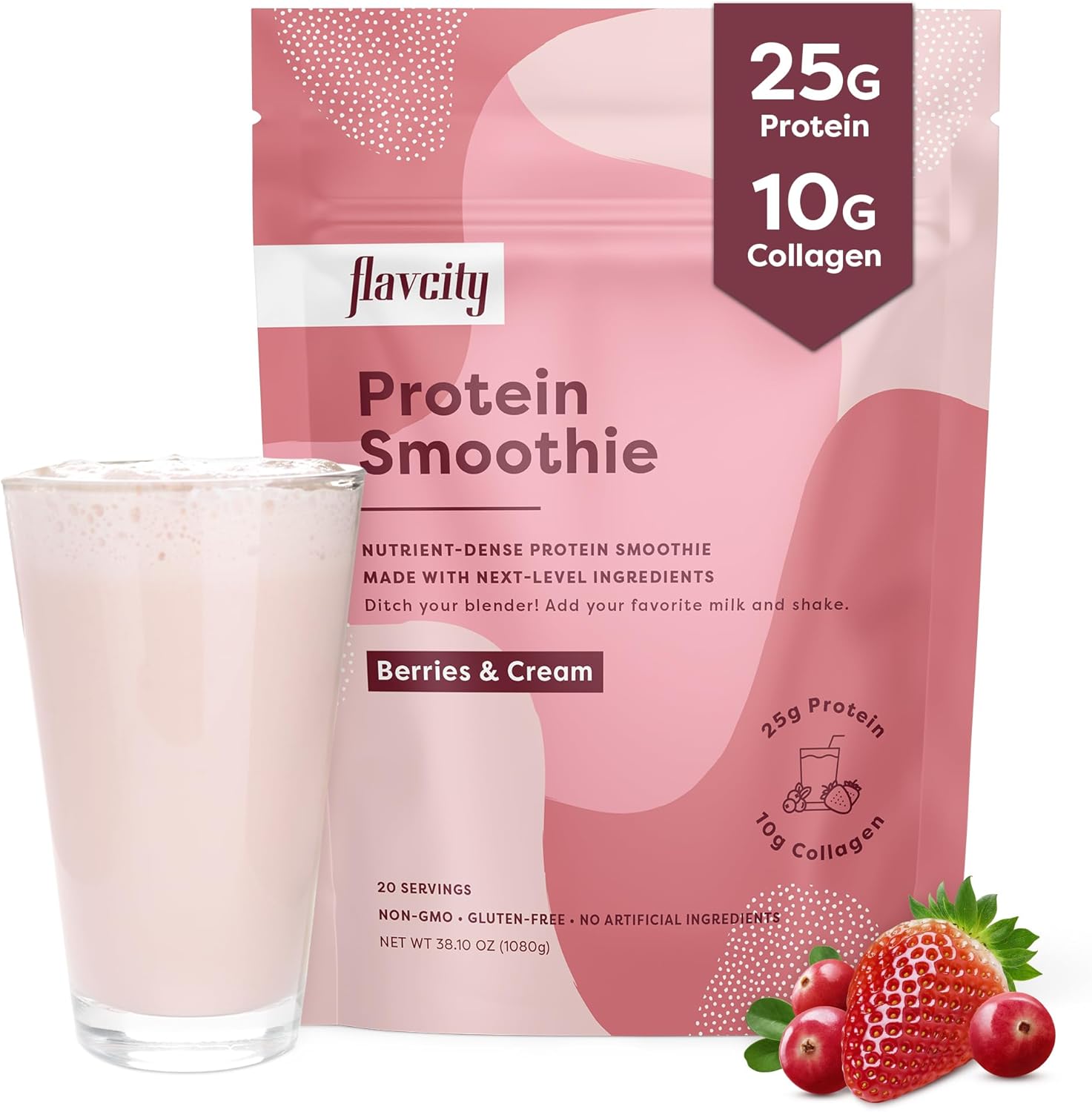 Flavcity Protein Powder Smoothie, Berries & Cream - 100% Grass-Fed Whey With Collagen (25G Of Protein) - Gluten Free & No Added Sugars (38.73 Oz)