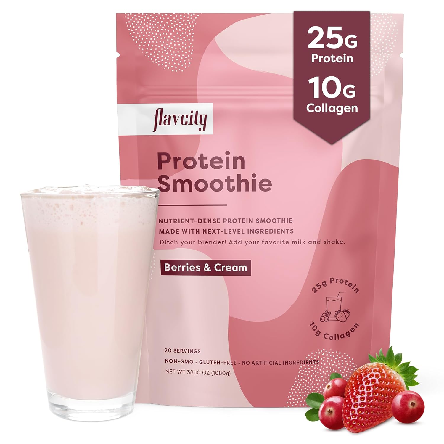 FlavCity Protein Powder Smoothie, Berries & Cream - 100% Grass-Fed Whey Protein Smoothie with Collagen (25g of Protein) - Gluten Free & No Added Sugars (38.45 oz)