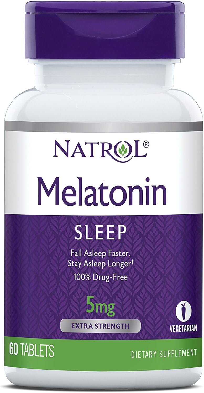 Natrol Melatonin Tablets, Helps You Fall Asleep Faster, Stay Asleep Longer, Strengthen Immune System, 100% Vegetarian, Extra Strength 5mg, 60 Count