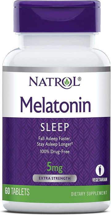 Natrol Melatonin Tablets, Helps You Fall Asleep Faster, Stay Asleep Longer, Strengthen Immune System, 100% Vegetarian, Extra Strength 5mg, 60 Count