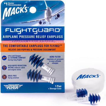 Mack?s Flightguard Airplane Pressure Relief Earplugs ? 26dB NRR, 33dB SNR ? Comfortable, Safe, Travel Ear Plugs for Flying Air Pressure Ear Pain, Ear Popping and Noise Reduction