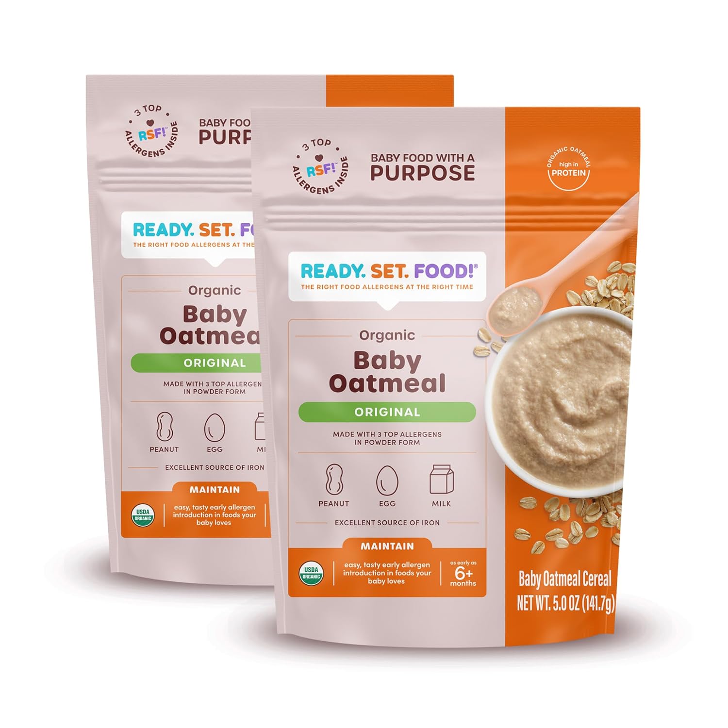Ready Set Food Organic Baby Oatmeal Cereal – Safe & Easy Early Allergen Exposure For Babies 6+ Months, Organic Baby Food With 3 Top Allergens: Organic Peanuts, Egg, And Milk (Original, 2-Pack)