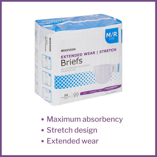 Mckesson Extended Wear Stretch Briefs, Incontinence, Maximum Absorbency, Medium, 14 Count, 1 Pack