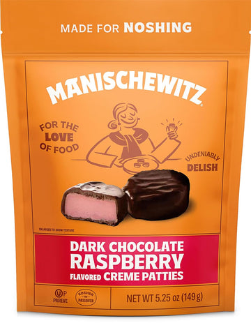 Manischewitz Dark Chocolate Raspberry Creme Patties 5.25oz, Resealable Bag | Gluten Free | Dairy Free | Kosher (including Passover)