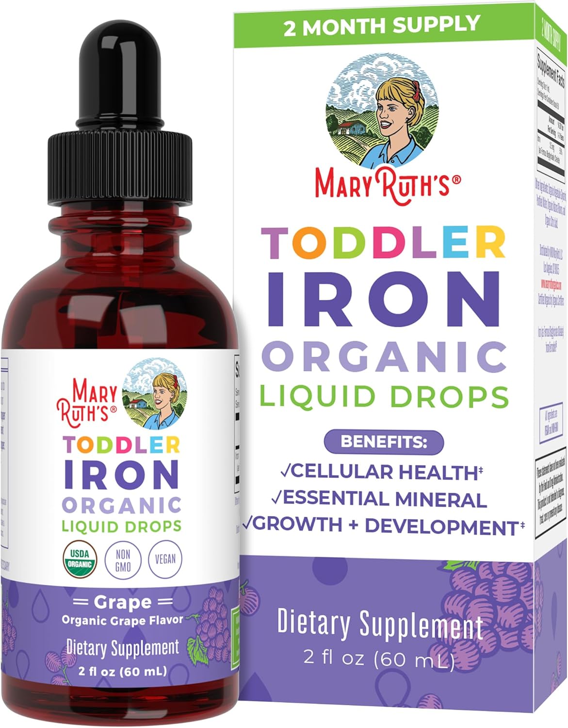 Maryruth Organics Iron Supplement For Toddlers | Liquid Iron Supplement For Children Ages 1-3 | Iron Supplement For Iron Deficiency | Ferrochel | Sugar Free | Vegan | Non-Gmo | Gluten Free | 2 Fl Oz