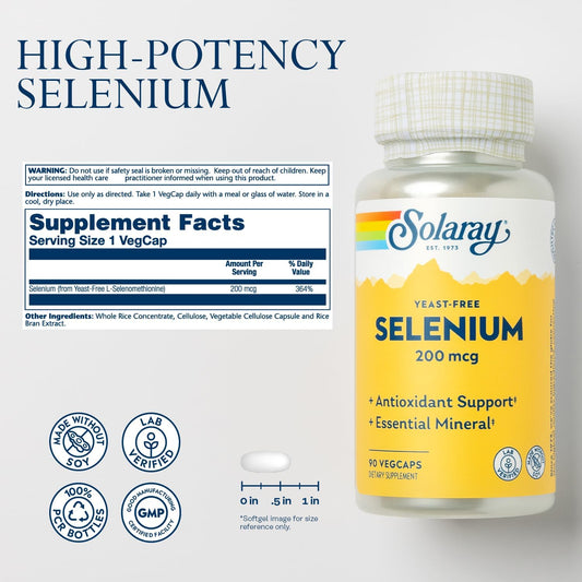 Solaray Yeast Free Selenium 200Mcg, Selenium Capsules For Healthy Thyroid Function & Immune Support, High Absorption Supplement, Vegan, 90 Servings, 90 Vegcaps