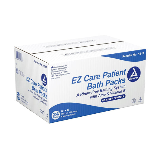 Dynarex 1317 Ez Care Patient Bath Packs, Pre-Moistened Disposable Wet Wipes, No Rinse Cleansing Washcloth With Aloe Vera & Vitamin E, For Hospital & Home Use, 8X8" Sheet, Pack Of 192