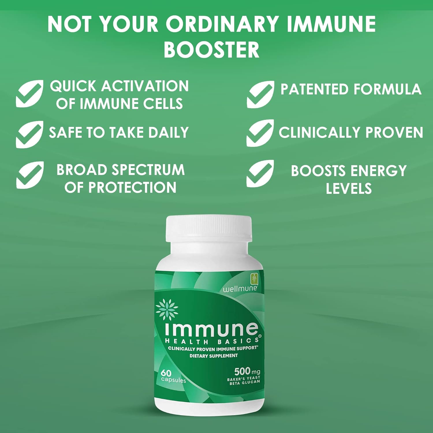 Immune Health Basics Ultra Strength Immunity - Clinically Proven Immune Support - Wellmune Highly Purified Beta Glucan - Gluten-Free, Non-allergenic, Non-GMO and Vegan Capsules - 60 Capsules, 500 mg : Health & Household