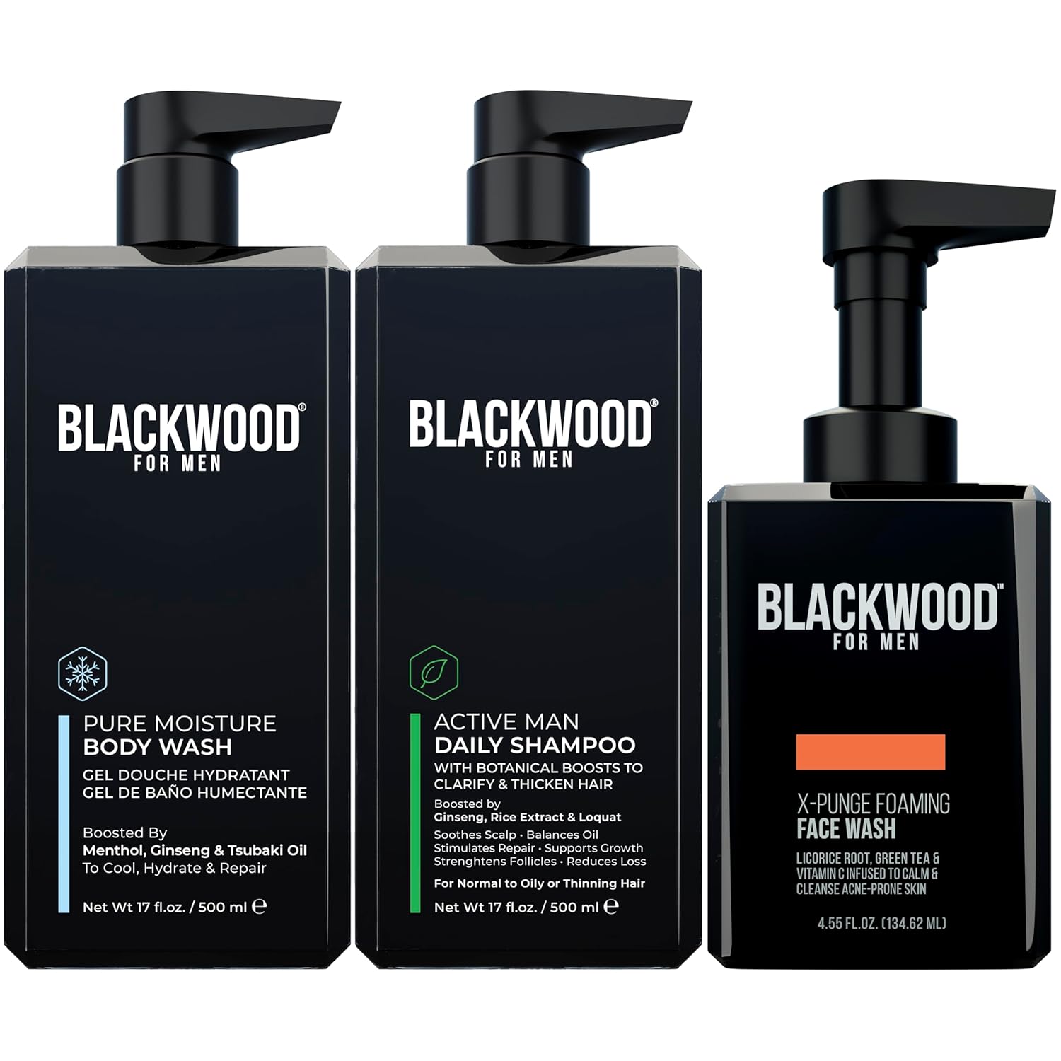 Blackwood For Men Pure Moisture Body Wash (17 Oz), Active Man Daily Shampoo (17 Oz), And X-Punge Foaming Face Wash (4.55 Oz) Bundle For Men