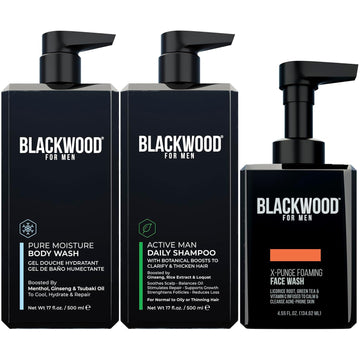 Blackwood For Men Pure Moisture Body Wash (17 Oz), Active Man Daily Shampoo (17 Oz), And X-Punge Foaming Face Wash (4.55 Oz) Bundle For Men