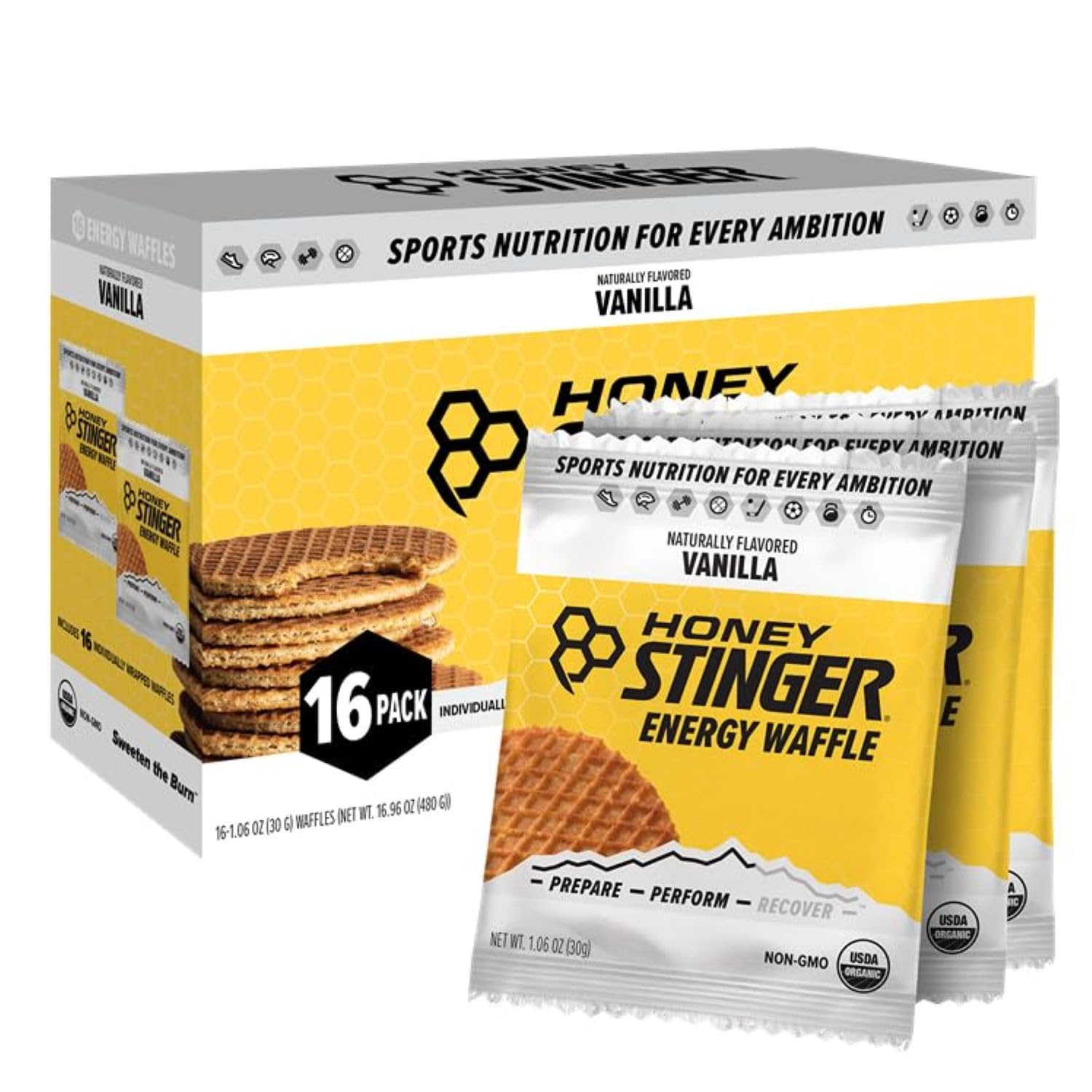 Honey Stinger Organic Vanilla Waffle | Energy Stroopwafel For Exercise, Endurance And Performance | Sports Nutrition For Home & Gym, Pre And Post Workout | Box Of 16 Waffles, 16.96 Ounce