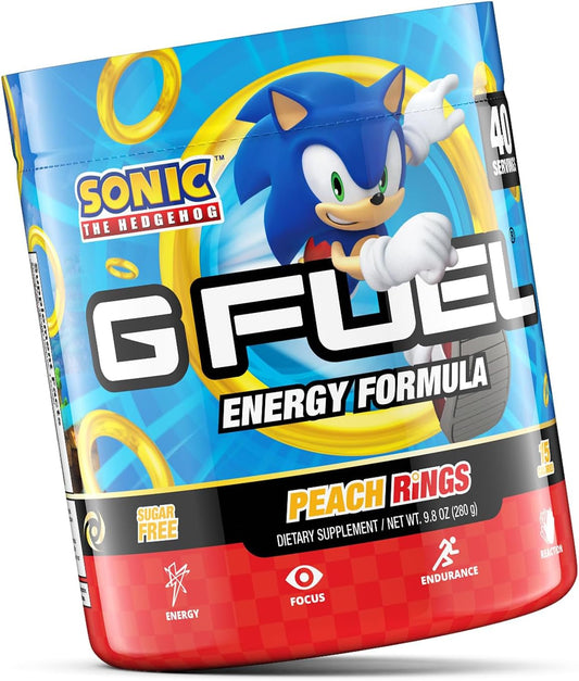 G Fuel Sonic Energy Powder, Sugar Free, Clean Caffeine Focus Supplement, Water Mix, Peach Ring Candy Flavor, Focus Amino, Vitamin + Antioxidants Blend - 9.8 Oz (40 Servings)